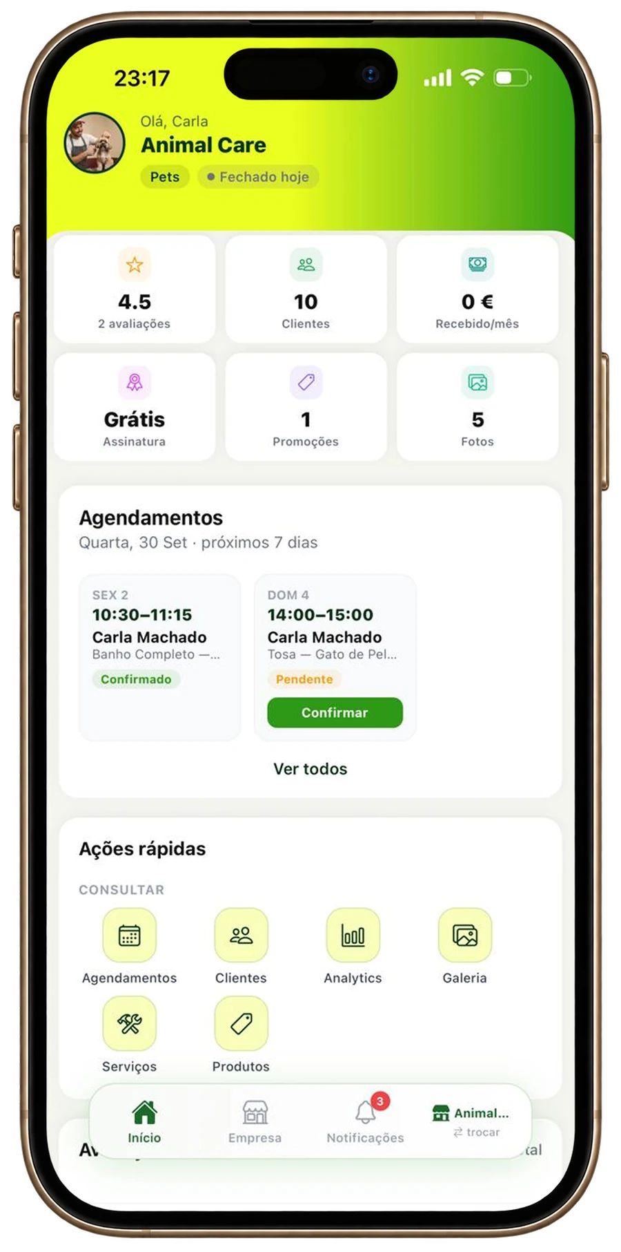 Painel da empresa no app LinkBR com avaliações, clientes, valor recebido no mês e ações rápidas